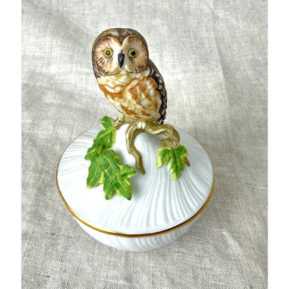 Vintage Saw-Whet Owl by Maruri Trinket Box Porcelain 3" Tall - Picture 2 of 10